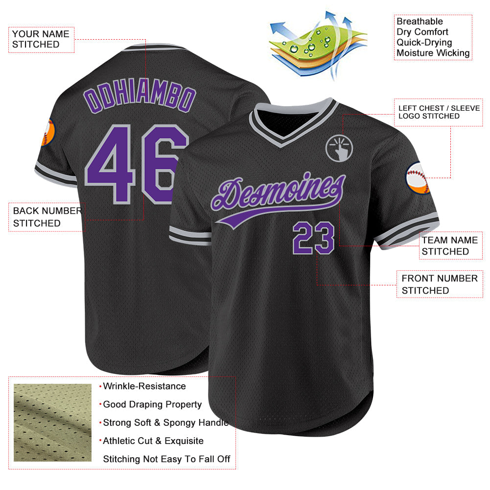 Custom Black Purple-Gray Authentic Throwback Baseball Jersey - Sky-Custom