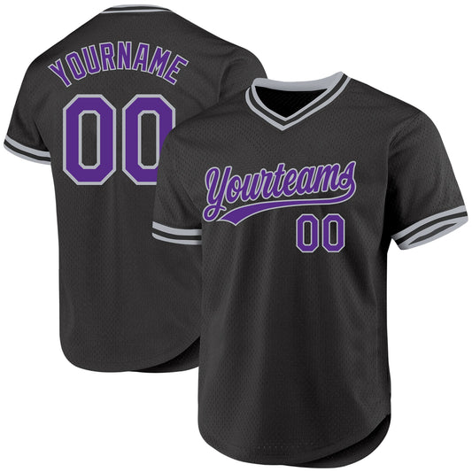 Custom Black Purple-Gray Authentic Throwback Baseball Jersey - Sky-Custom