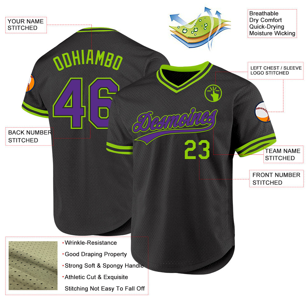 Custom Black Purple-Neon Green Authentic Throwback Baseball Jersey - Sky-Custom