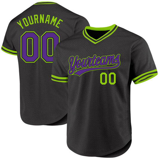 Custom Black Purple-Neon Green Authentic Throwback Baseball Jersey - Sky-Custom