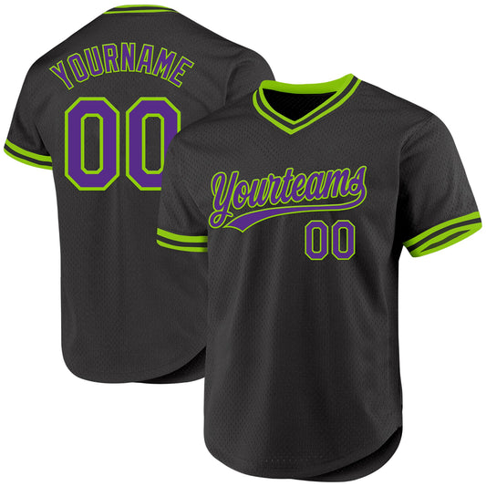 Custom Black Purple-Neon Green Authentic Throwback Baseball Jersey - Sky-Custom