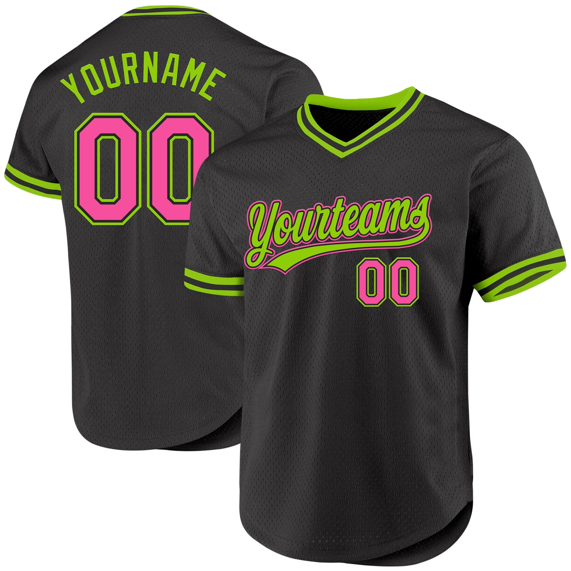 Custom Black Pink-Neon Green Authentic Throwback Baseball Jersey - Sky-Custom
