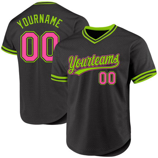 Custom Black Pink-Neon Green Authentic Throwback Baseball Jersey - Sky-Custom