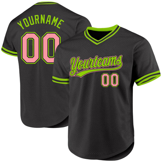 Custom Black Medium Pink-Neon Green Authentic Throwback Baseball Jersey - Sky-Custom
