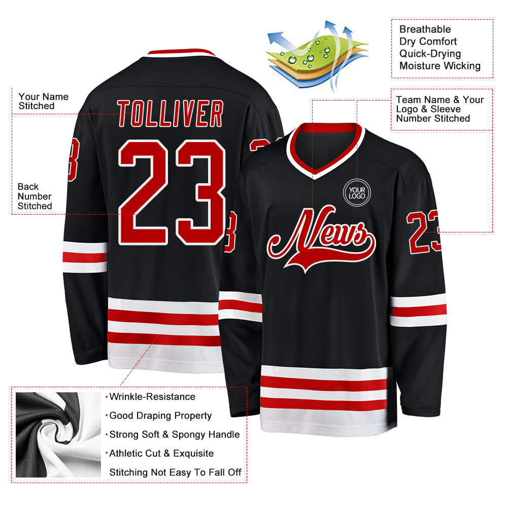 Custom Black Red-White Hockey Jersey - Sky-Custom