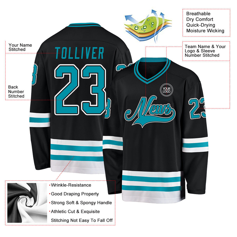 Custom Black Teal-White Hockey Jersey - Sky-Custom
