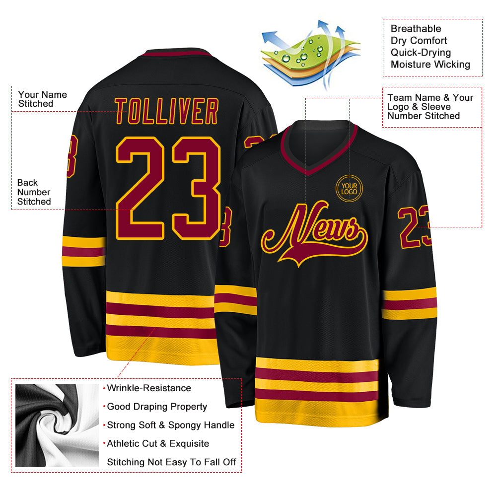 Custom Black Maroon-Gold Hockey Jersey - Sky-Custom