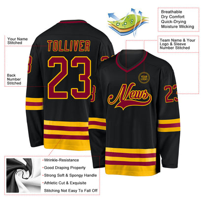 Custom Black Maroon-Gold Hockey Jersey - Sky-Custom