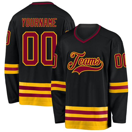 Custom Black Maroon-Gold Hockey Jersey - Sky-Custom