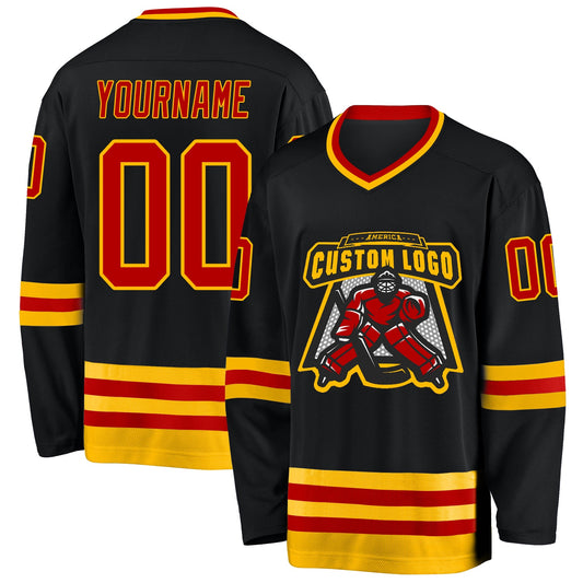 Custom Black Red-Gold Hockey Jersey - Sky-Custom
