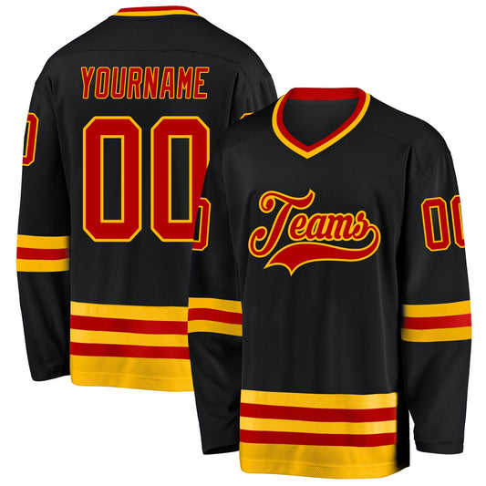 Custom Black Red-Gold Hockey Jersey - Sky-Custom