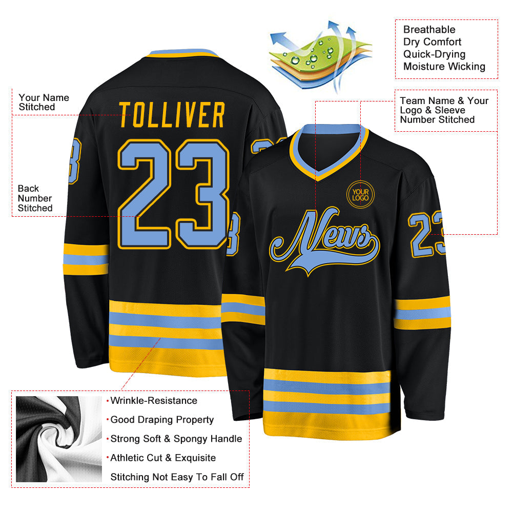 Custom Black Light Blue-Gold Hockey Jersey - Sky-Custom