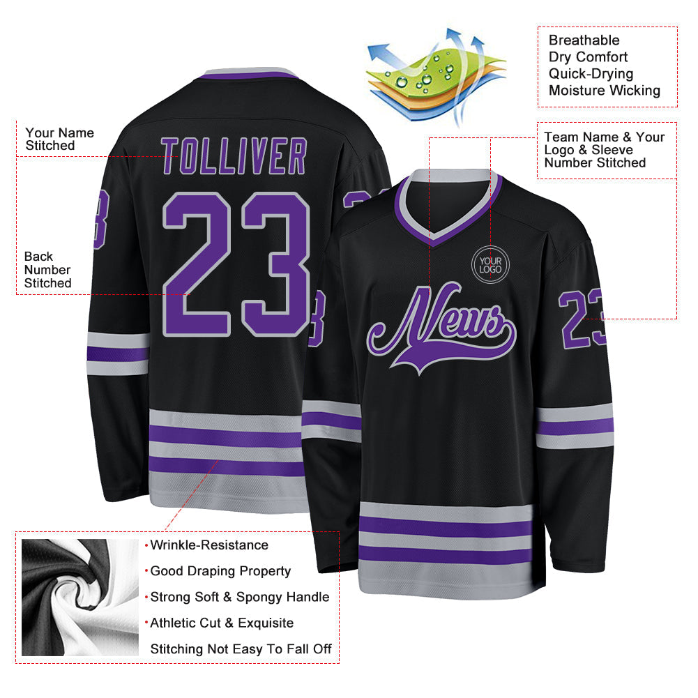 Custom Black Purple-Gray Hockey Jersey - Sky-Custom