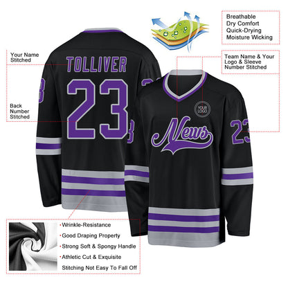 Custom Black Purple-Gray Hockey Jersey - Sky-Custom