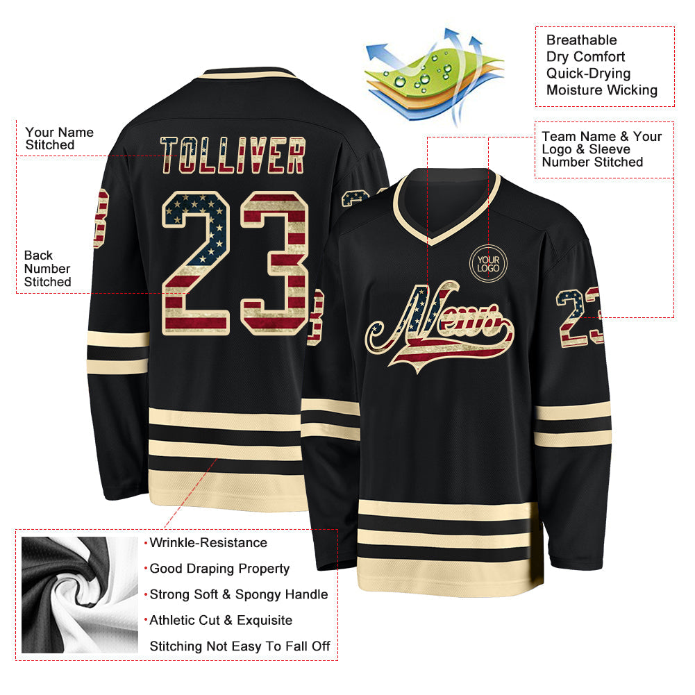 Custom Black Vintage USA Flag-Cream Hockey Jersey - Sky-Custom