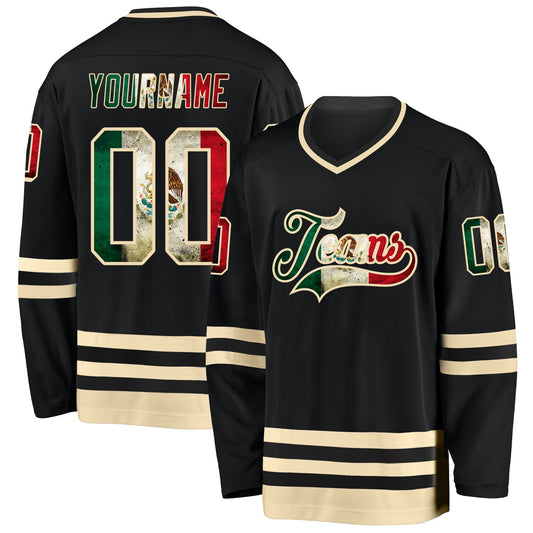 Custom Black Vintage Mexican Flag-Cream Hockey Jersey - Sky-Custom