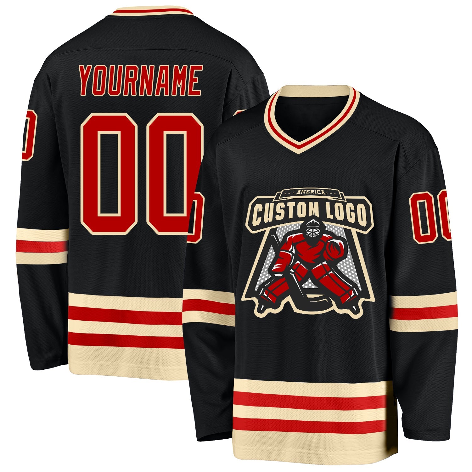 Custom Black Red-Cream Hockey Jersey - Sky-Custom