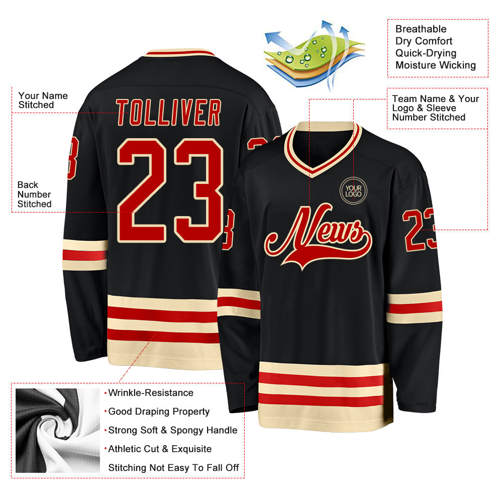 Custom Black Red-Cream Hockey Jersey - Sky-Custom