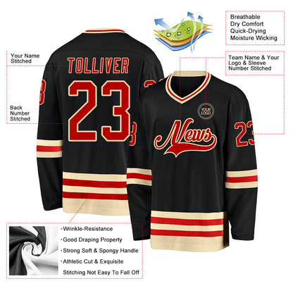 Custom Black Red-Cream Hockey Jersey - Sky-Custom