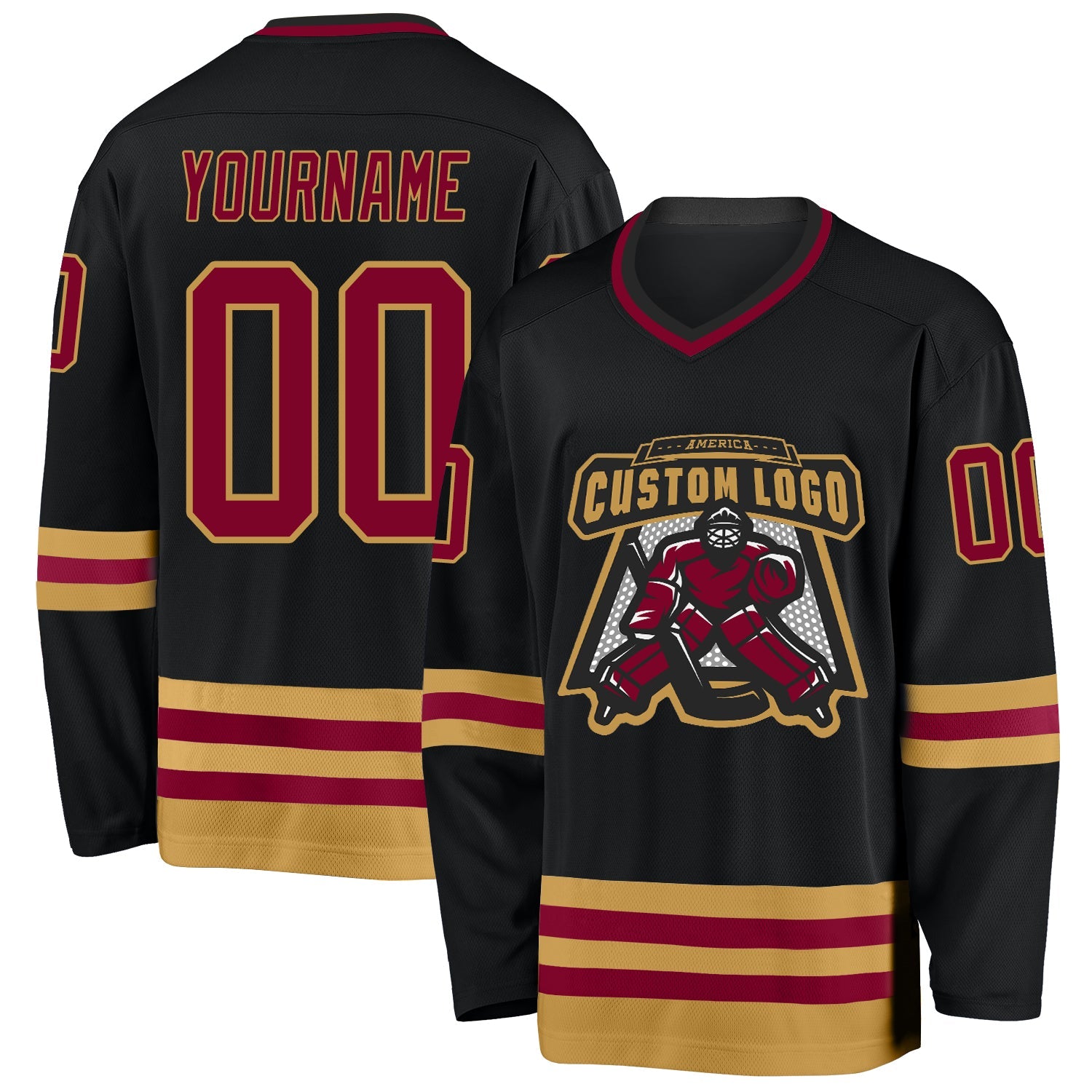Custom Black Maroon-Old Gold Hockey Jersey - Sky-Custom