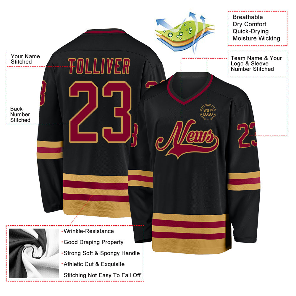 Custom Black Maroon-Old Gold Hockey Jersey - Sky-Custom