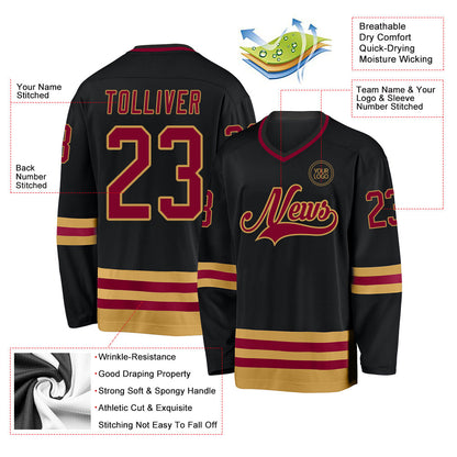 Custom Black Maroon-Old Gold Hockey Jersey - Sky-Custom
