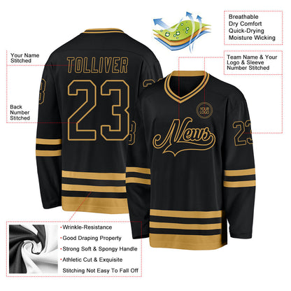 Custom Black Old Gold Hockey Jersey - Sky-Custom
