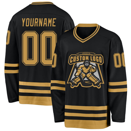 Custom Black Old Gold Hockey Jersey - Sky-Custom