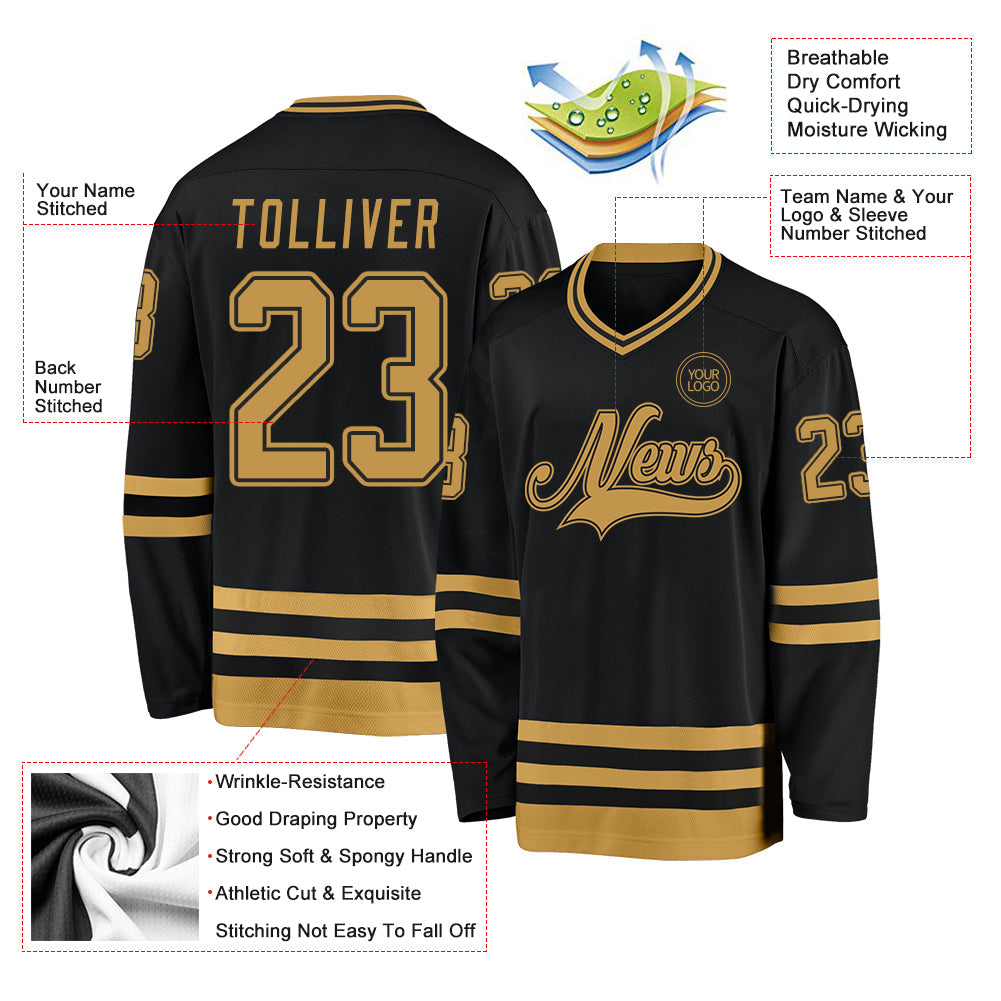 Custom Black Old Gold Hockey Jersey - Sky-Custom
