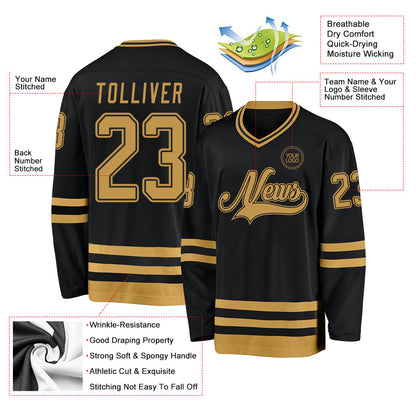 Custom Black Old Gold Hockey Jersey - Sky-Custom