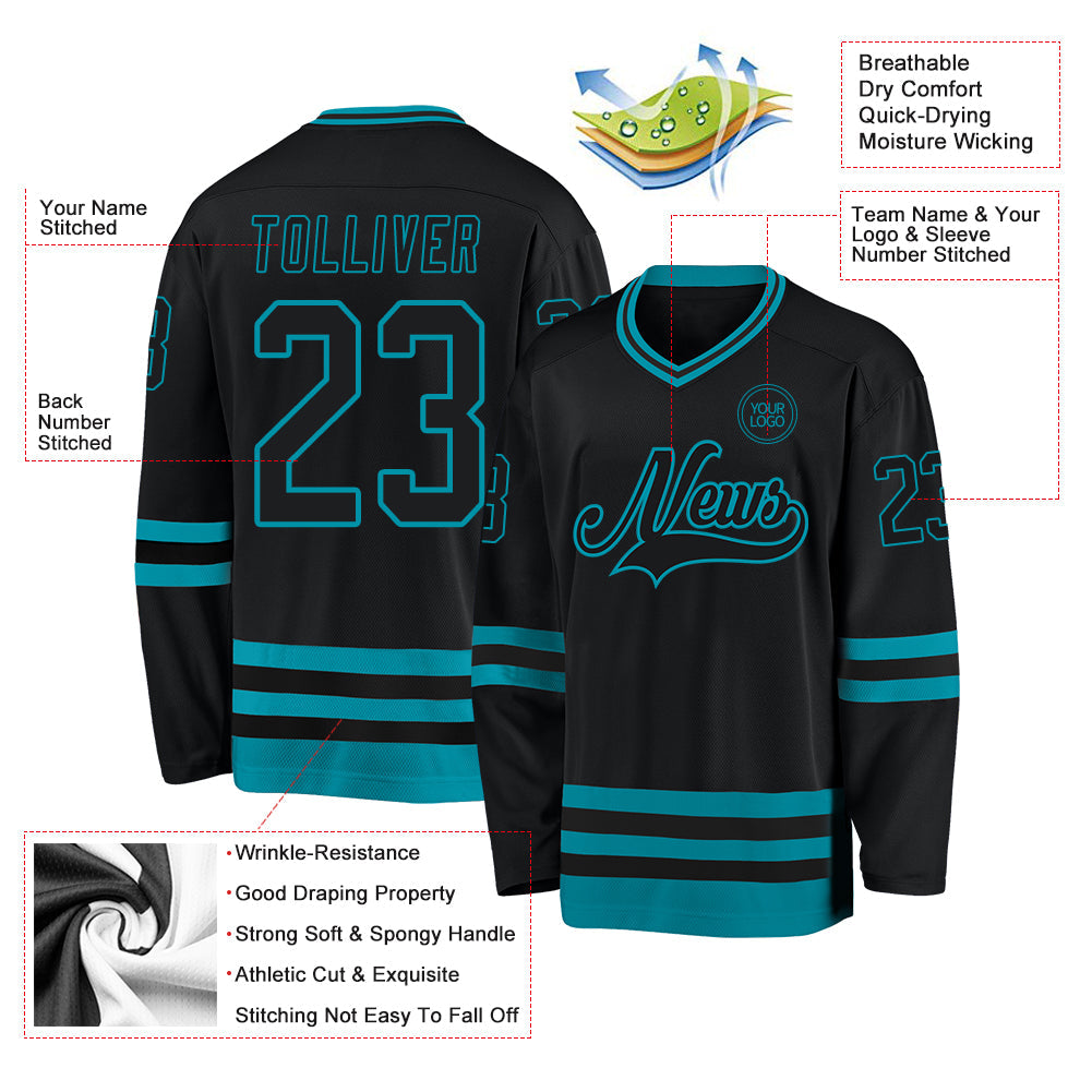 Custom Black Teal Hockey Jersey - Sky-Custom