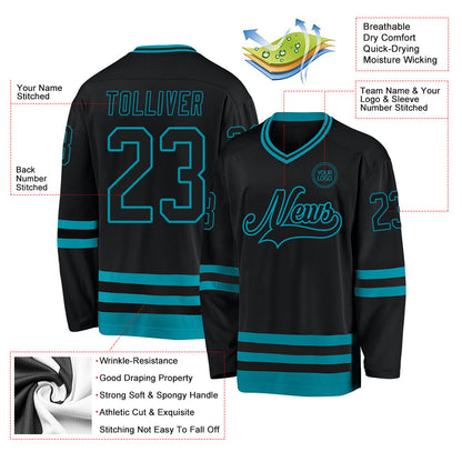 Custom Black Teal Hockey Jersey - Sky-Custom