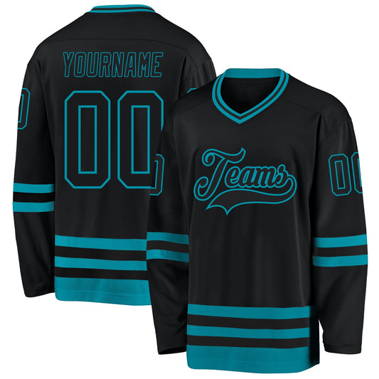 Custom Black Teal Hockey Jersey - Sky-Custom