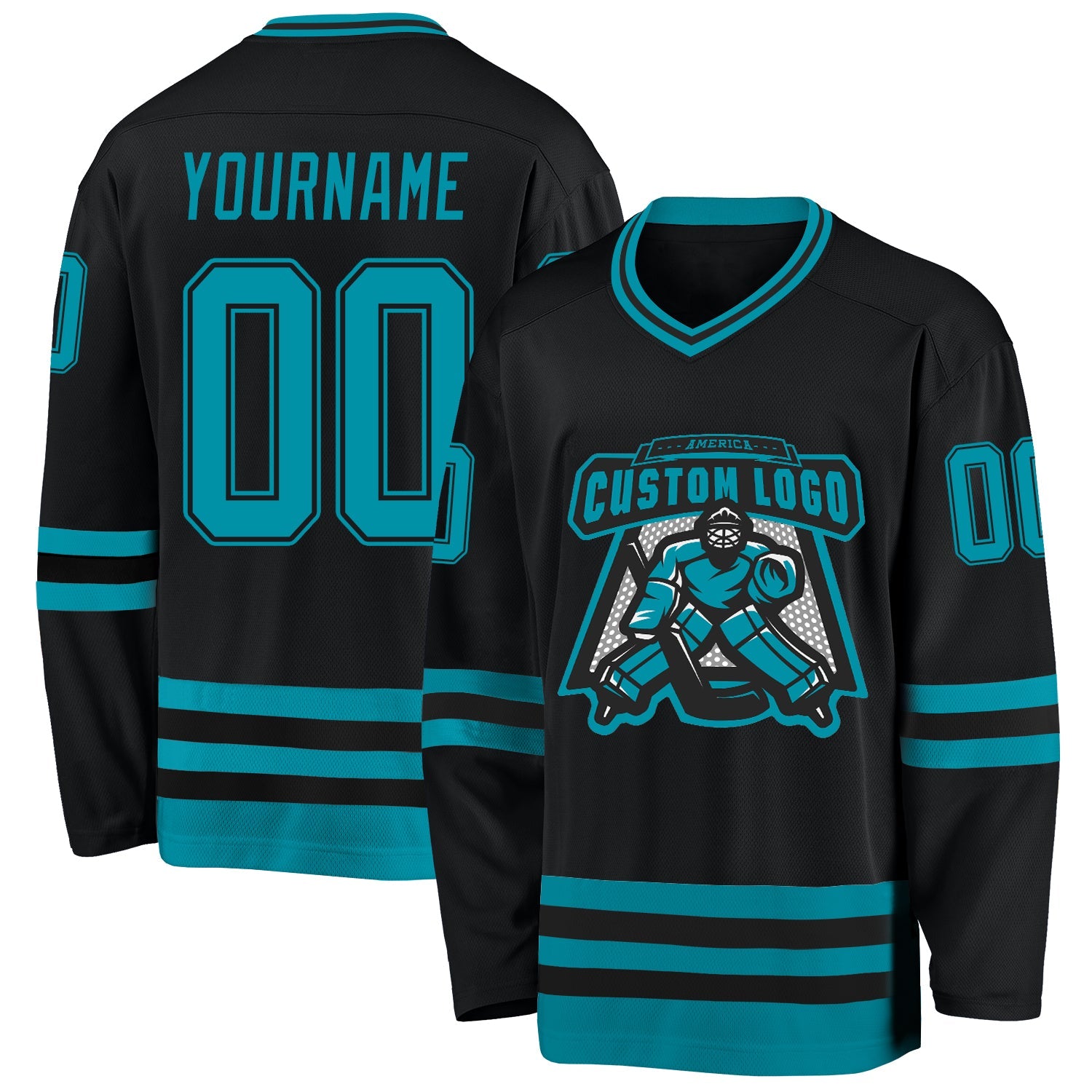 Custom Black Teal Hockey Jersey - Sky-Custom