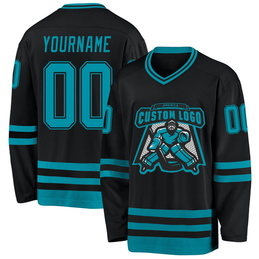Custom Black Teal Hockey Jersey - Sky-Custom