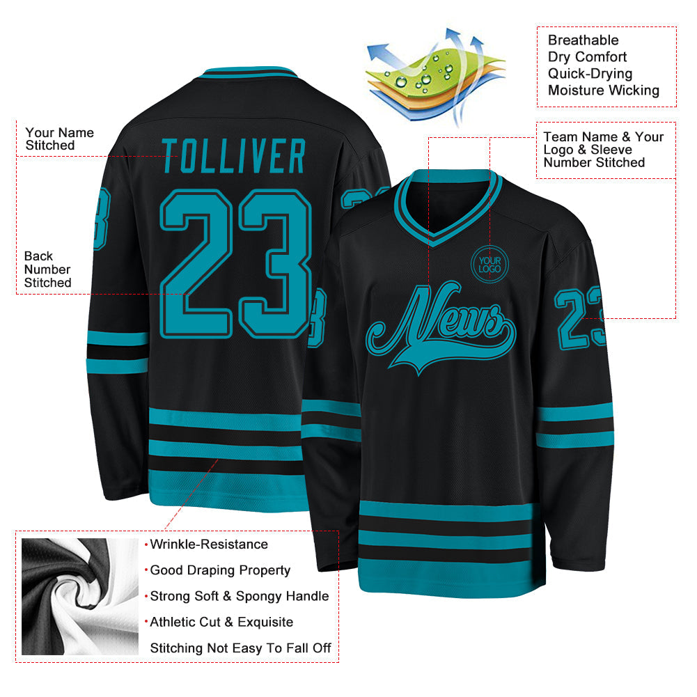 Custom Black Teal Hockey Jersey - Sky-Custom