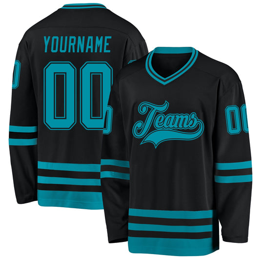 Custom Black Teal Hockey Jersey - Sky-Custom