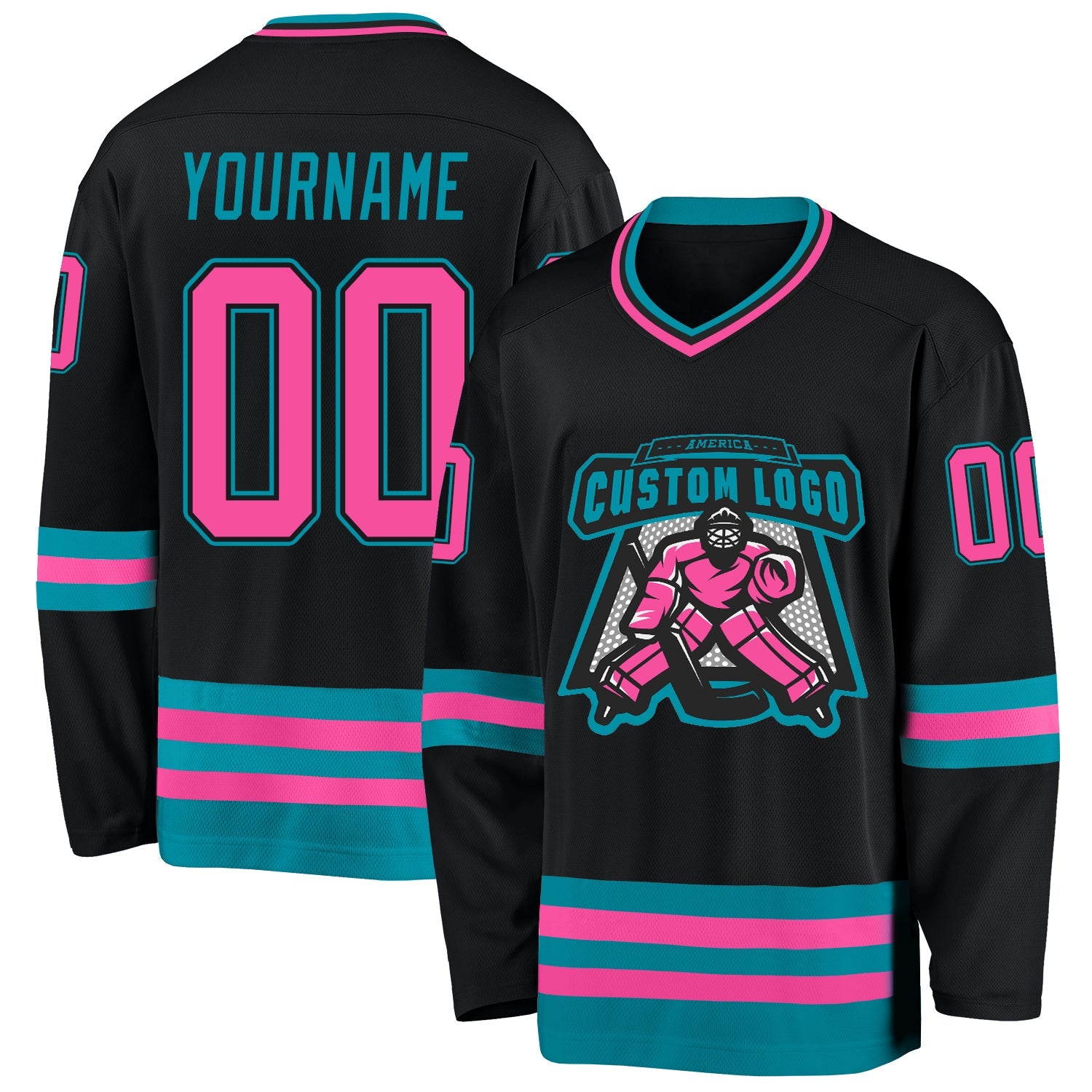 Custom Black Pink-Teal Hockey Jersey - Sky-Custom