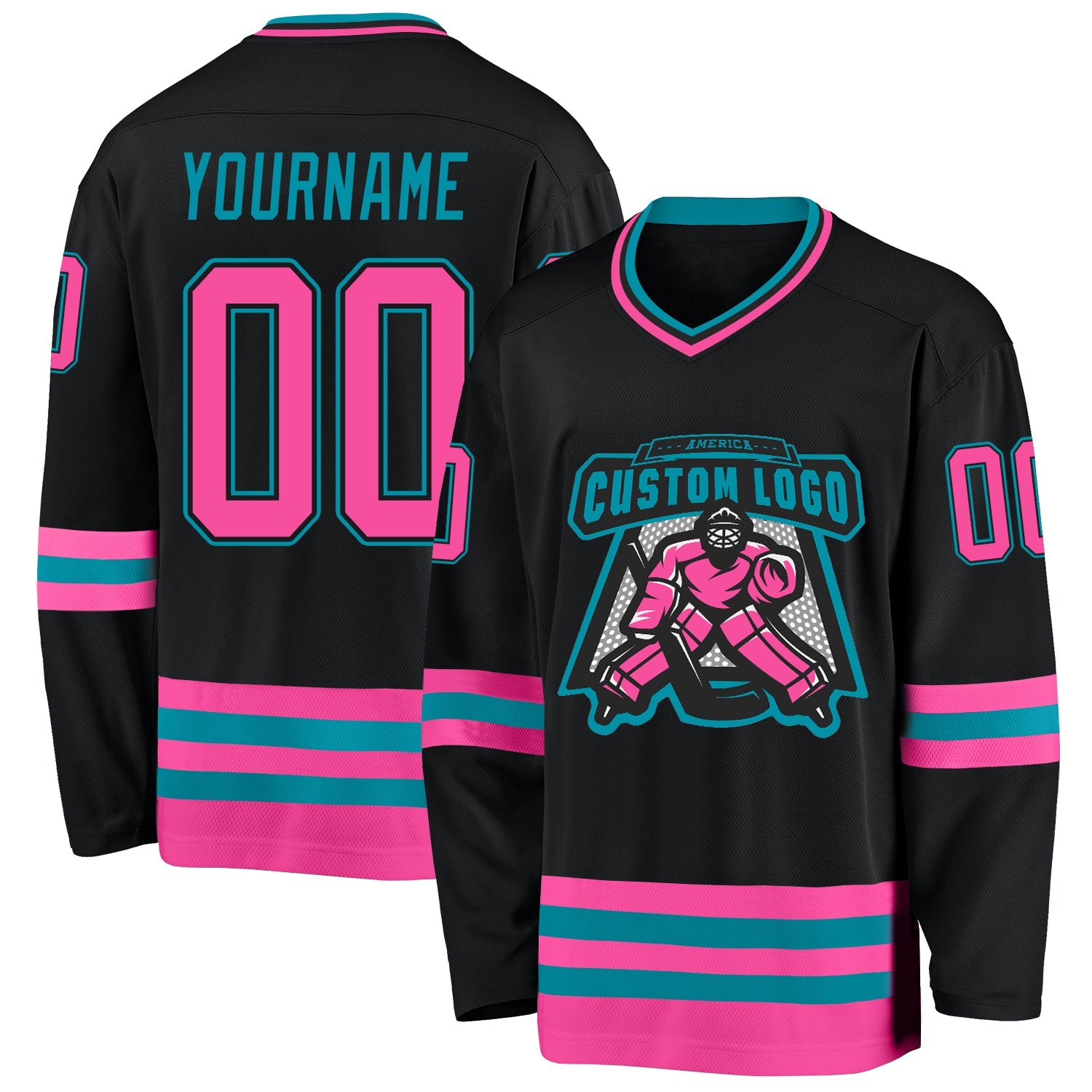 Custom Black Pink-Teal Hockey Jersey - Sky-Custom