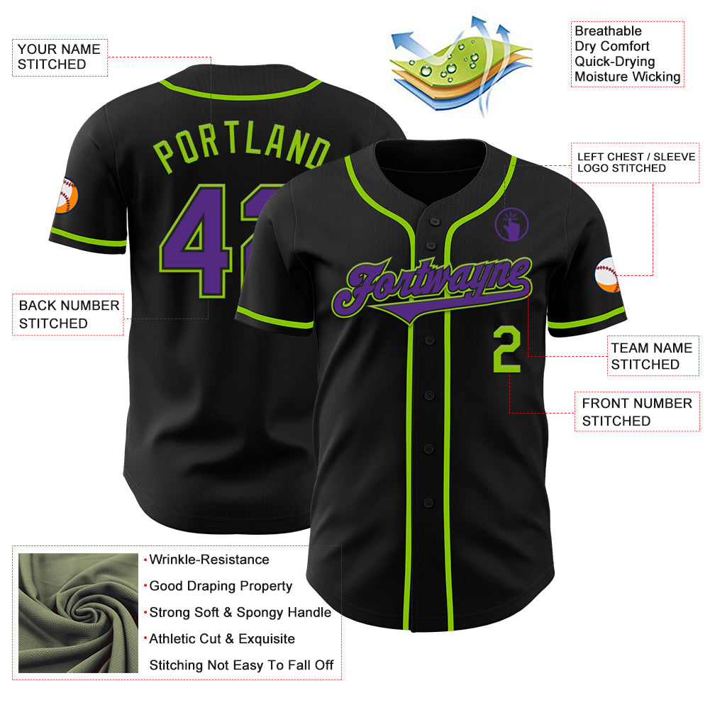 Custom Black Purple-Neon Green Authentic Baseball Jersey - Sky-Custom