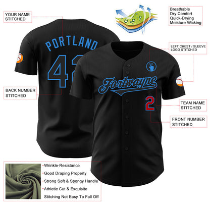 Custom Black Electric Blue-Red Authentic Baseball Jersey - Sky-Custom
