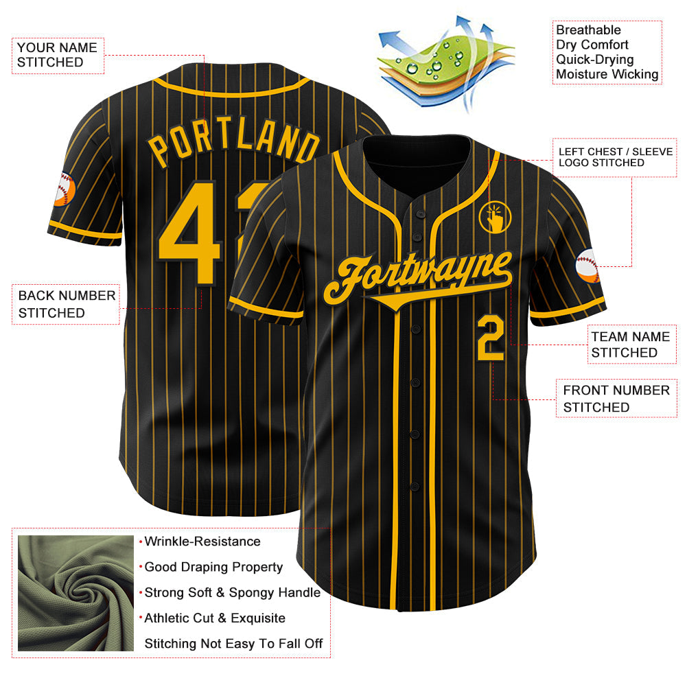 Custom Black Gold Pinstripe Gold Authentic Baseball Jersey - Sky-Custom