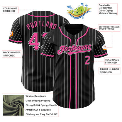 Custom Black White Pinstripe Pink Authentic Baseball Jersey - Sky-Custom