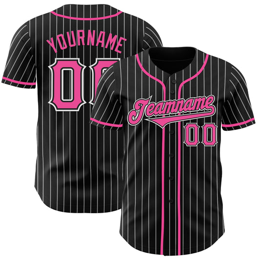 Custom Black White Pinstripe Pink Authentic Baseball Jersey - Sky-Custom