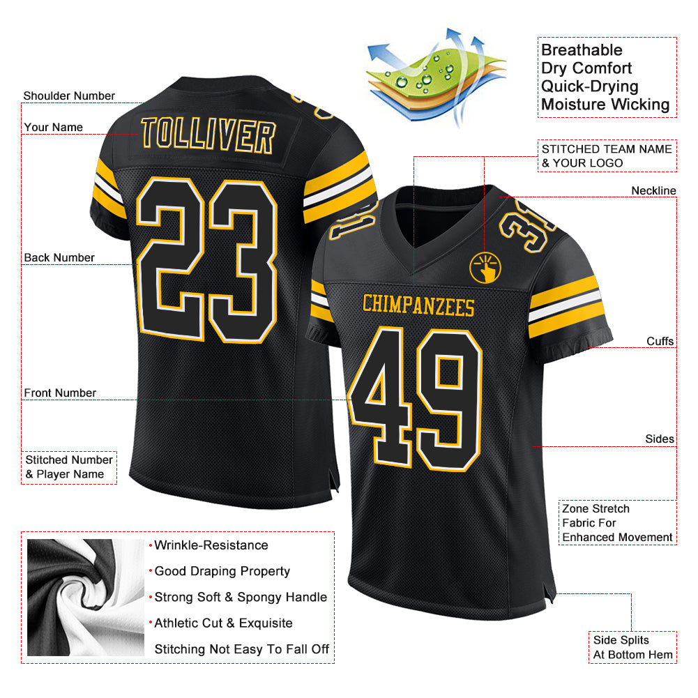 Custom Black White-Gold Mesh Authentic Football Jersey - Sky-Custom