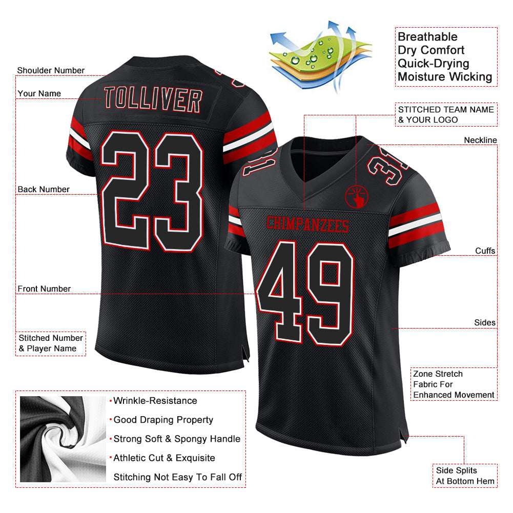 Custom Black White-Red Mesh Authentic Football Jersey - Sky-Custom