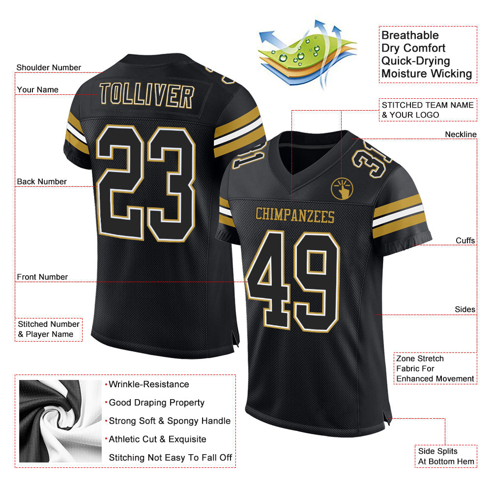 Custom Black White-Old Gold Mesh Authentic Football Jersey - Sky-Custom
