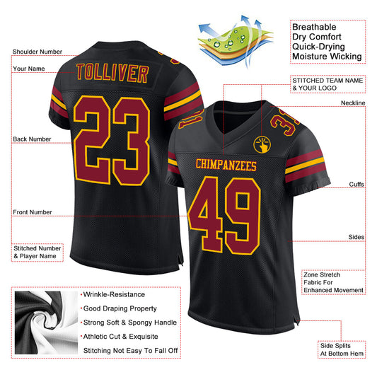 Custom Black Crimson-Gold Mesh Authentic Football Jersey - Sky-Custom