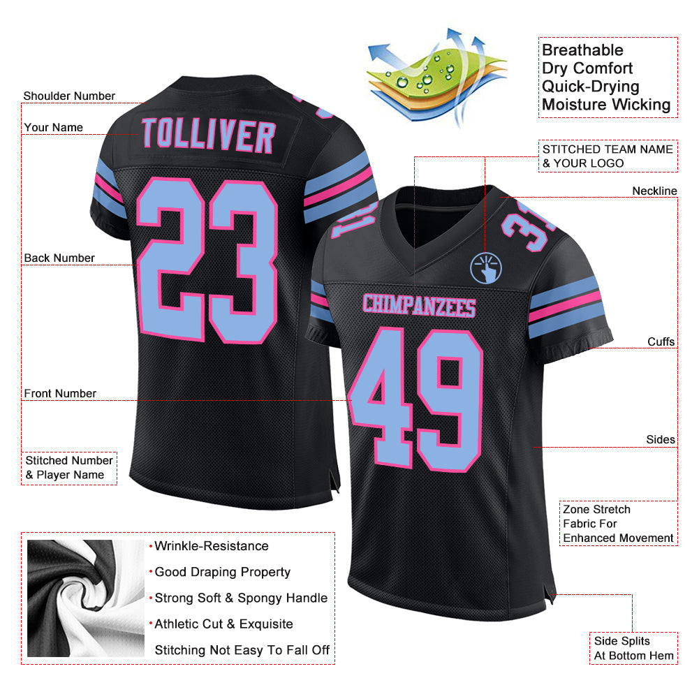 Custom Black Light Blue-Pink Mesh Authentic Football Jersey - Sky-Custom