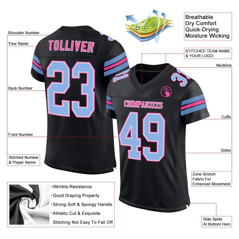 Custom Black Light Blue-Pink Mesh Authentic Football Jersey - Sky-Custom
